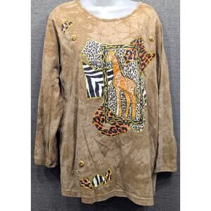 COPA CABANA Vintage Womens Shirt - Brown, Giraffe, Long Sleeve, Golden Buttons